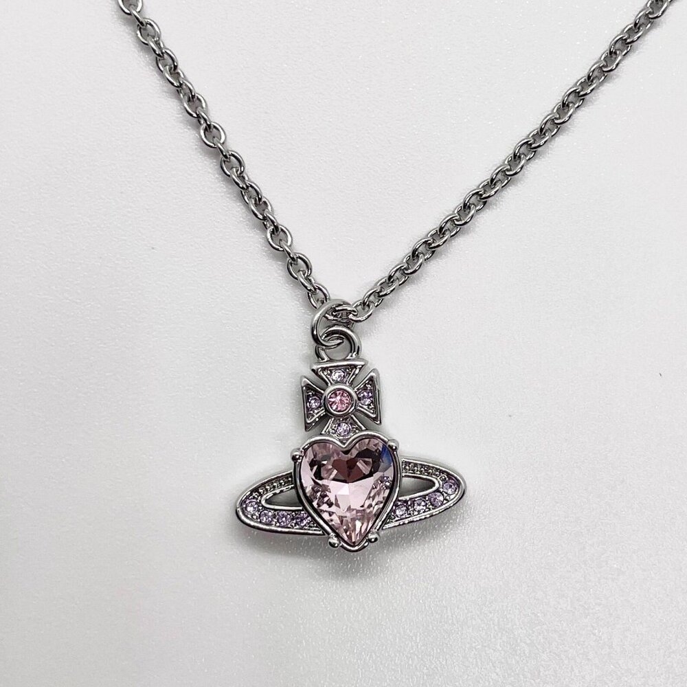 Vivienne Westwood Pink Heart Ariella Silver Saturn NANA Pendant Necklace